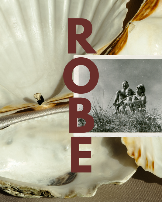 Branding ROBE photo with a black and white vintage family photo and sea shell background with ROBE fired brick colored overlay text