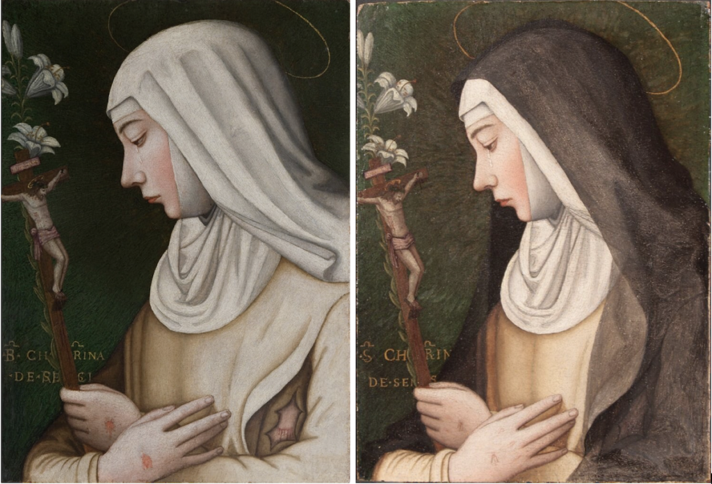 Plautilla Nelli, St Catherine with the Lily, c. 1550, Uffizi Gallery, Florence, Italy. Photo by Advancing Women Artists via Wikimedia Commons (CC-BY-SA-4.0). Detail.